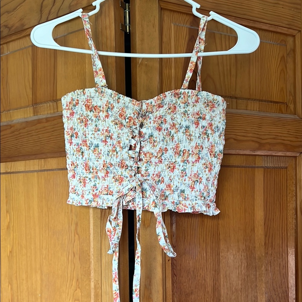 American Eagle Outfitters Pink and Orange Smocked Crop Tank Top
